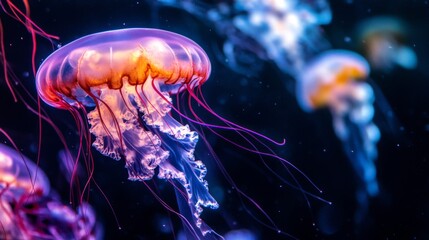 Naklejka premium Vibrant Pink And Purple Jellyfish Underwater