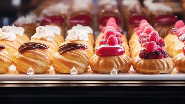 Chocolate raspberry eclairs glistening with fresh cream, nestled on pristine tray inside stylish bakery showcase