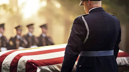Uniformed soldier standing near flag draped military casket, rendering somber honor during memorial service honoring fallen service member with grave dignity