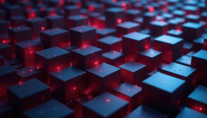Obraz premium Abstract 3D Render of Red and Dark Cubes in a Complex Pattern with Soft Lighting and Glowing Particles