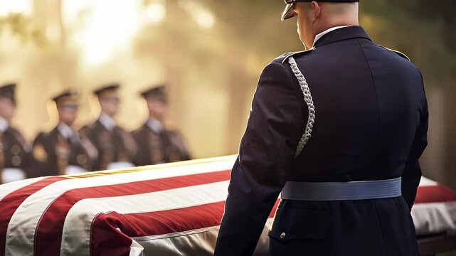 Uniformed soldier standing near flag draped military casket, rendering somber honor during memorial service honoring fallen service member with grave dignity
