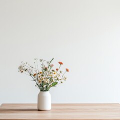 Fototapeta premium Simple arrangement of flower stems in a white vase on a wooden table in a minimalistic setting