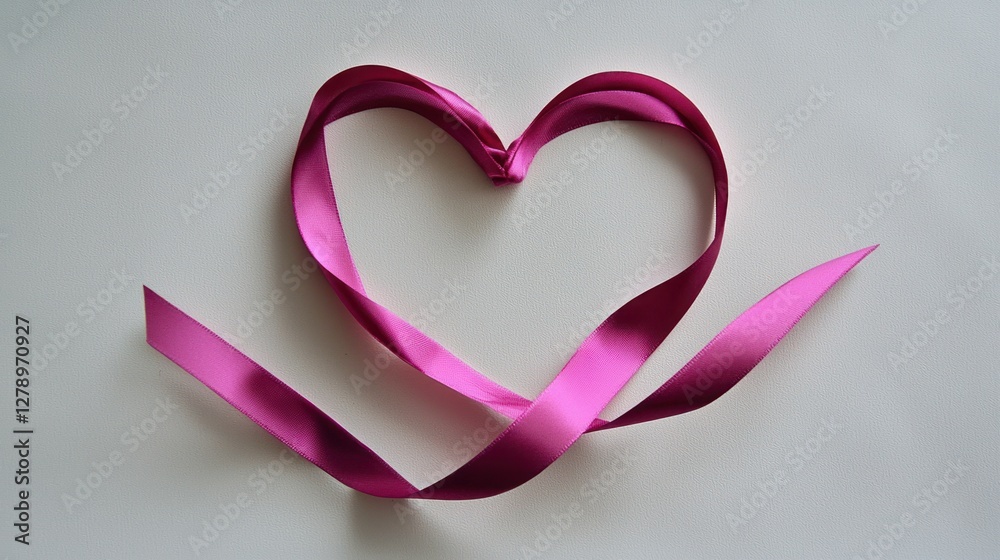 Poster a single pink ribbon forming a heart shape on a plain white backdrop.