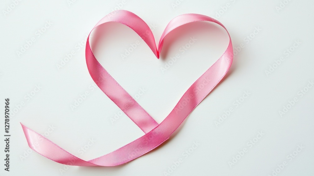 Poster a single pink ribbon forming a heart shape on a plain white backdrop.