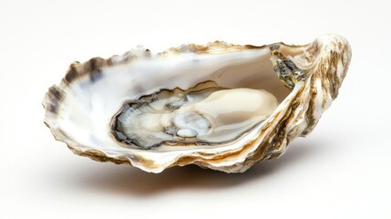 A gourmet oyster on a half shell, showing intricate details of its rough exterior and soft interior, against a white background.