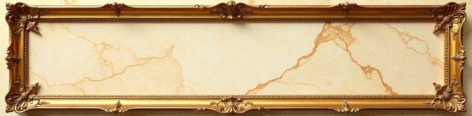 Ornate gold picture frame with geometric patterns set against a rich beige marble backdrop, gold picture frame, intricate details