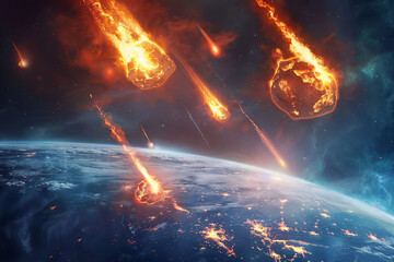 A planet is being bombarded by meteors. The meteors are falling from the sky and creating a fiery trail. The scene is intense and dramatic.