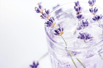 Lavender soda served in a clear glass with ice and lavender flowers on a clean background