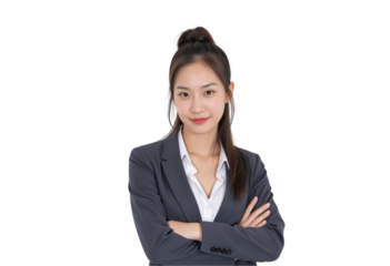 Empowering Leadership: Businesswoman Manager in a Portrait Concept. Confident businesswoman in a suit with arms crossed, isolated on transparent background