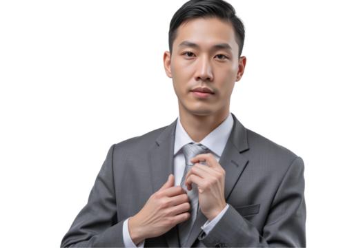 Empowering Leadership: Businessman Manager in a Portrait Concept. A man in a suit adjusting his tie, isolated on transparent background