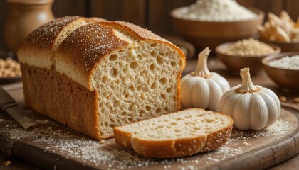 Freshly Baked Artisan Bread with Sliced Loaf and Garlic on Wooden Surface with Rustic Background and Ingredients