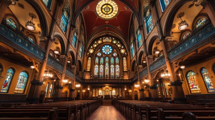 Naklejka premium Aerial view showcasing a church interior adorned with vibrant stained glass windows and rows of wooden pews for congregational seating.