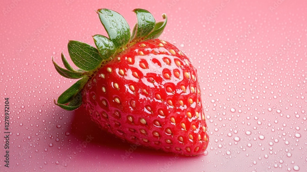 Poster A single strawberry with water droplets for a fresh look, isolated on a gradient pink background 