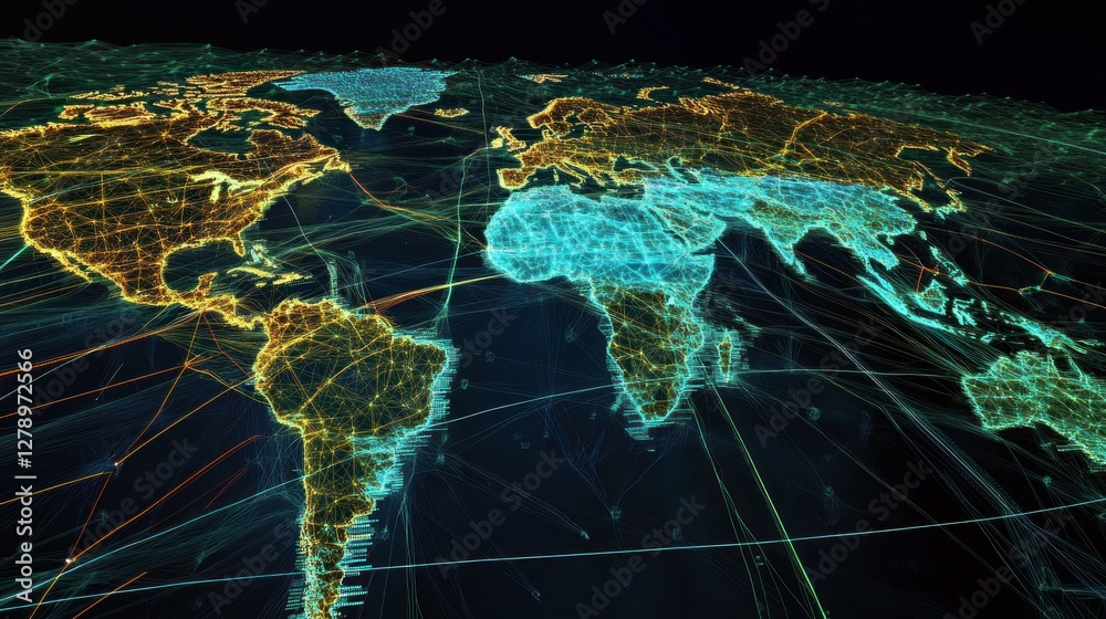 Poster interconnected world map visualization with illuminated data pathways