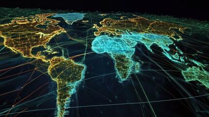 Interconnected world map visualization with illuminated data pathways