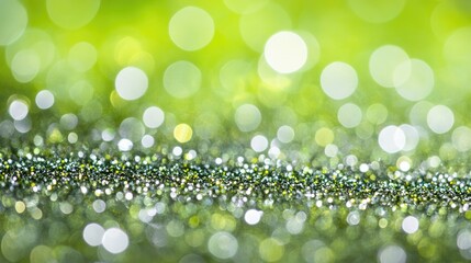 Obraz premium Green bokeh background. Beautiful green background with glitter and blurred and focal lights. Depth of field sparkling green bokeh with light effects.