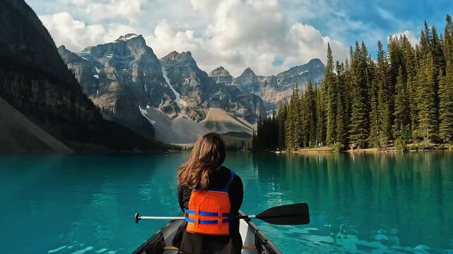 back shot of a woman paddles through the crystal-clear waters of Moraine Lake, Alberta, Canada