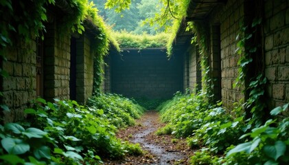 Obraz premium Overgrown, abandoned garden with vines and moss, overgrowth, decay