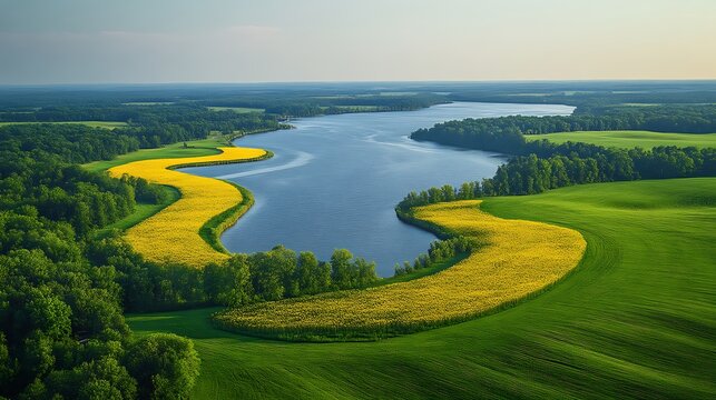 Aerial View of Winding River Surrounded by Lush Green Fields and Yellow Flowers