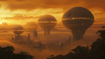 Futuristic Cityscape at Sunset: Domes and Clouds
