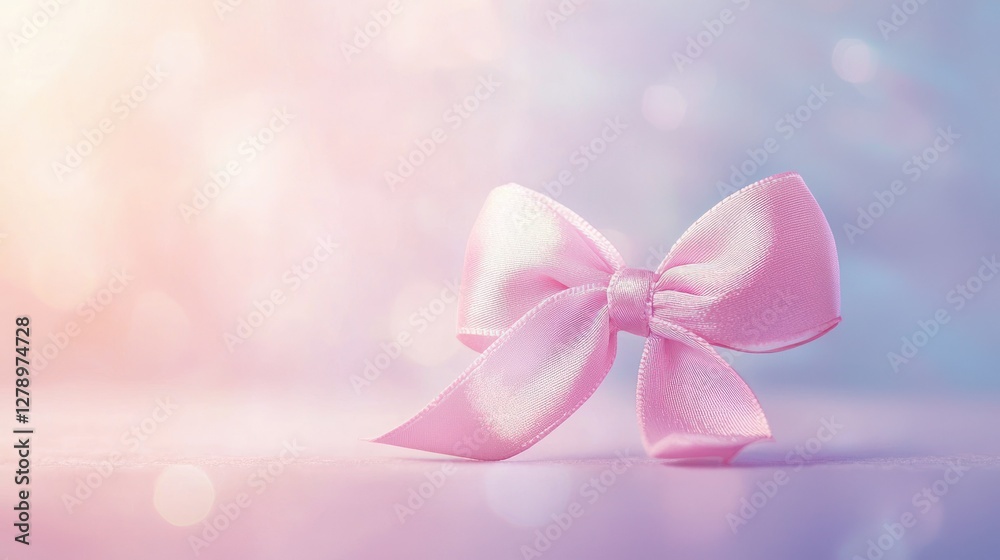 Poster a soft pink ribbon bow placed on a pastel background with a glowing effect.