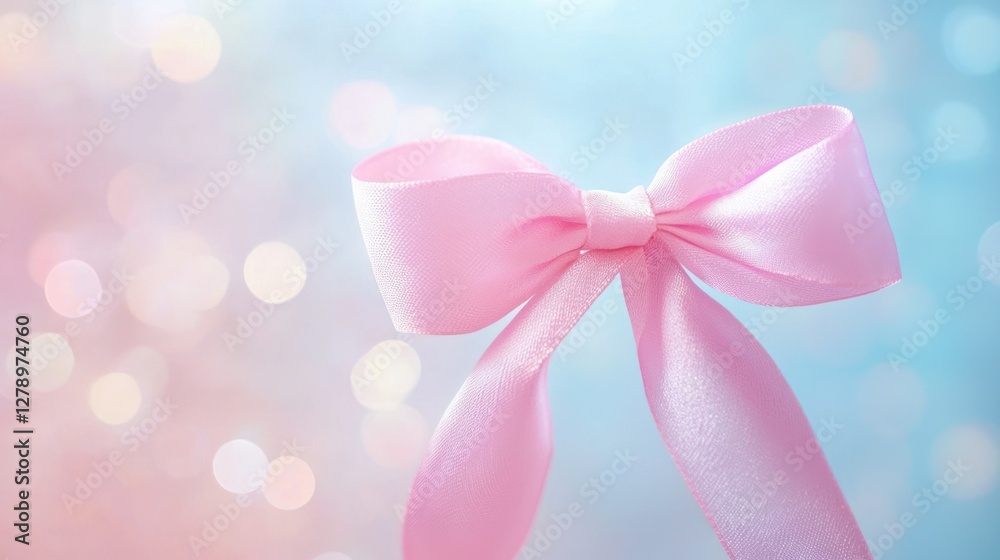 Poster a soft pink ribbon bow placed on a pastel background with a glowing effect.