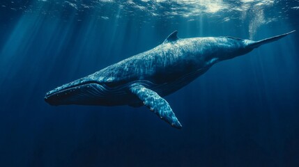 Naklejka premium Pixelated Humpback Whale Underwater in Deep Blue Ocean