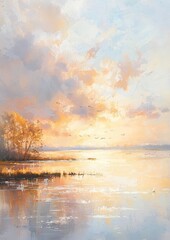 Vibrant sky background art showcasing a tranquil river and lake setting.