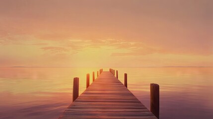 Obraz premium A long wooden pier stretching out to the calm sea, with the horizon blending into a soft orange sunset sky.