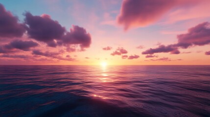 Obraz premium Serene Sunset over the Ocean: A breathtaking view of the sun setting over calm waters, painted with vibrant hues of pink and purple, creating a tranquil and peaceful atmosphere.