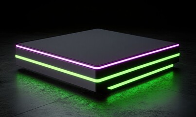 Neon-lit square platform on dark floor for product display