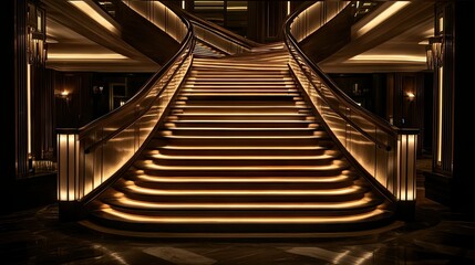 Fototapeta premium A luxurious yet unsettling staircase with dim lighting, fading into darkness at the top.