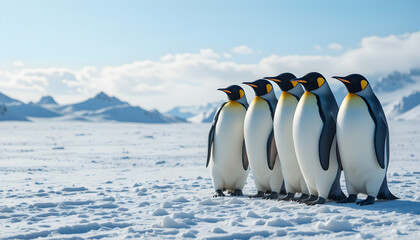 Emperor Penguins in Snowy Habitat - Distant Mountains and Bright Sky - Iconic Wildlife Scene