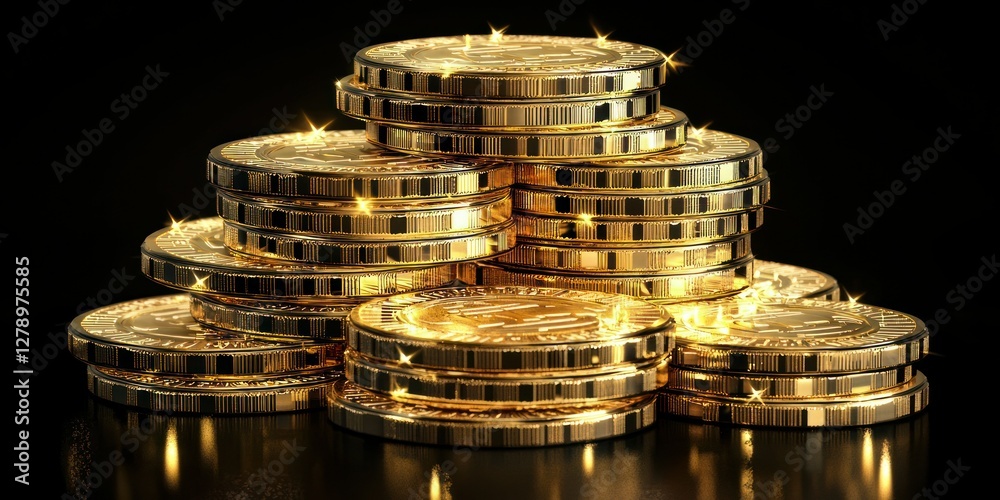 Poster A stack of shiny 3D gold coins with sparkling highlights on a dark background. 