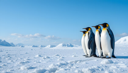 Obraz premium Penguins on Snowy Ground - Blue Sky and Snow-Covered Mountains - Wildlife Photography