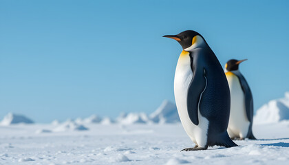 Fototapeta premium Penguin in Antarctic Snow - Blue Sky and Ice Formations - Captivating Nature Scene