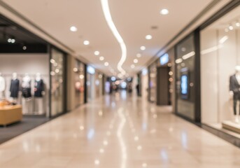 shopping mall interior, wide corridor, blurred background, symmetrical composition, recessed lighting, polished floors, retail storefronts