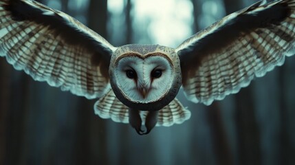 Barn Owl in Flight Through Dark Forest