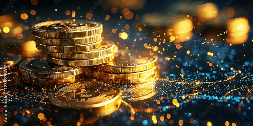 Poster A stack of shiny 3D gold coins with sparkling highlights on a dark background. 