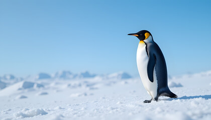 Emperor Penguin on Snowy Landscape - Blue Sky Background - Antarctica's Majestic Wildlife