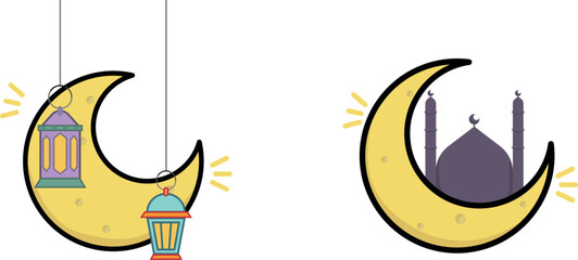 Ramadan and Eid comic cartoon style moon illustrations graphic design elements