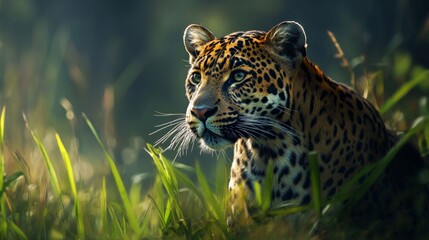 Obraz premium Jaguar in Lush Green Rainforest at Dawn