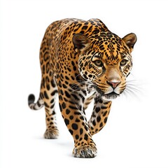 Obraz premium jaguar walking on a white background. The leopard is facing towards the right side of the image, with its head turned slightly to the left.