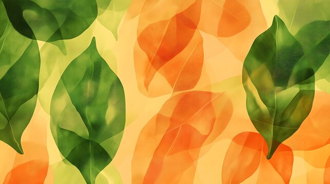 Overlapping leaves in shades of green and orange on yellow background