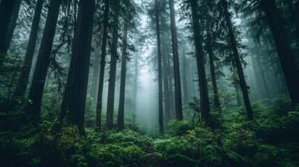 Fototapeta premium Lush misty rainforest landscape with towering ancient trees and ethereal fog symbolizing the importance of conservation climate change awareness and renewable natural energy