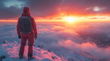 Fototapeta premium Solo Explorer Overlooking Dramatic Winter Sunset in North Yorkshire Moors, tranquil ambiance of snow clouds forming accompanied by subdued winter hues a undulating terrain
