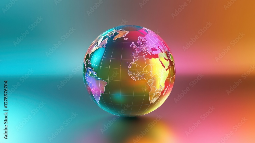 Poster A stylized 3D globe with a colorful map design and a gradient background. 