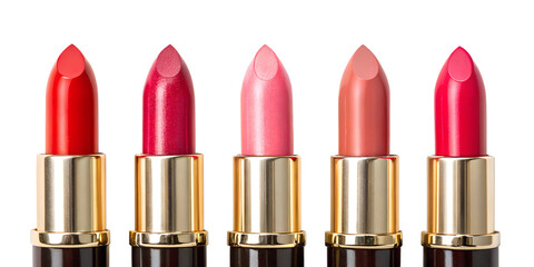 Obraz premium Set of Beautiful Bright Lipsticks on White Background, Stylish, Gorgeous Lipsticks
