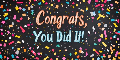 A colorful chalkboard message reading "Congrats, You Did It!" surrounded by confetti