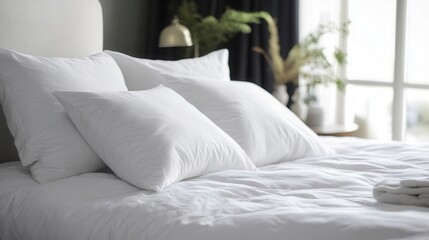 Obraz premium Luxurious Unmade Bed with Crisp White Cotton Sheets and Soft Pillows in Morning Sunlight Creating Cozy Bedroom Atmosphere